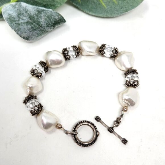 STERLING SILVER Faux Pearl Beaded Bracelet - Picture 1 of 6